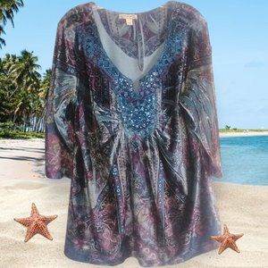 Vintage Womens 2X Velvet Glitter‎ Beads Multicolor Bohemian 3/4 Sleeve Blouse